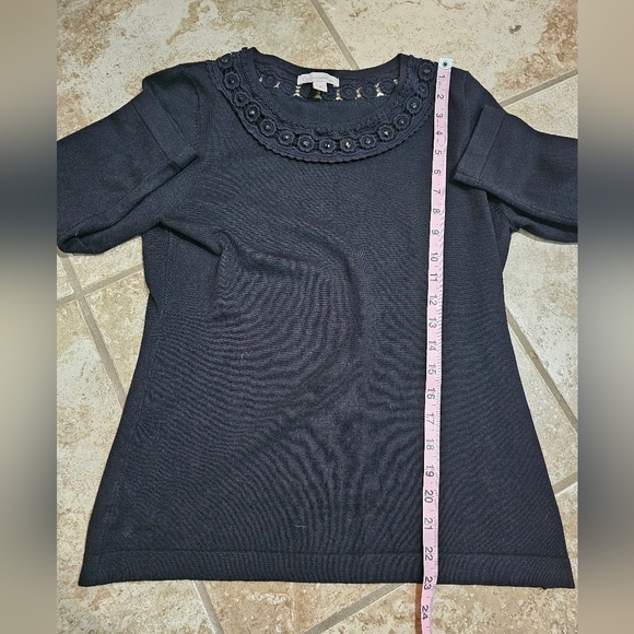 C. J. Banks Petite M Black 3/4 Sleeve Sweater Crochet Lace Neck Classic Work Y2K - Picture 7 of 7